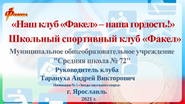 Руководитель клуба  Тарануха Андрей Викторович Номинация № 1 «Звезды школьного спорта» г. Ярославль 2021 г. 
