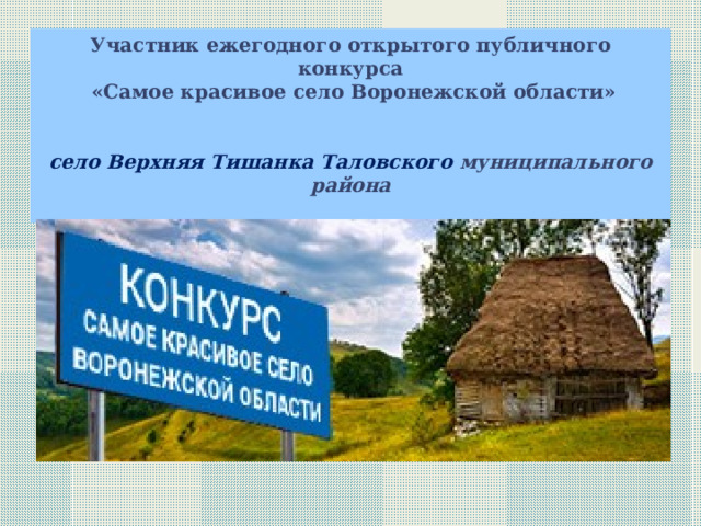 Участник ежегодного открытого публичного конкурса  «Самое красивое село Воронежской области»   село Верхняя Тишанка Таловского муниципального района     