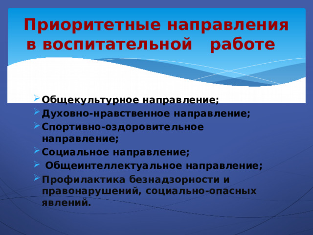 Приоритетные направления в воспитательной   работе   Общекультурное направление; Духовно-нравственное направление; Спортивно-оздоровительное направление;  Социальное направление;  Общеинтеллектуальное направление; Профилактика безнадзорности и правонарушений, социально-опасных явлений. 