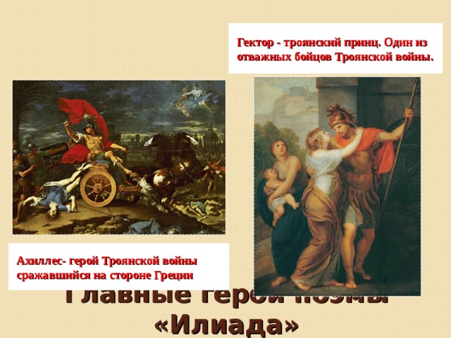 Гектор - троянский принц. Один из отважных бойцов Троянской войны. Ахиллес- герой Троянской войны сражавшийся на стороне Греции Главные герои поэмы «Илиада» 