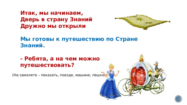 Итак, мы начинаем,  Дверь в страну Знаний  Дружно мы открыли   Мы готовы к путешествию по Стране Знаний.    - Ребята, а на чем можно путешествовать? (На самолете – показать, поезде, машине, пешком…. ) 