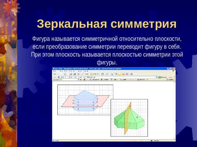 Зеркальная симметрия Фигура называется симметричной относительно плоскости, если преобразование симметрии переводит фигуру в себя. При этом плоскость называется плоскостью симметрии этой фигуры. 