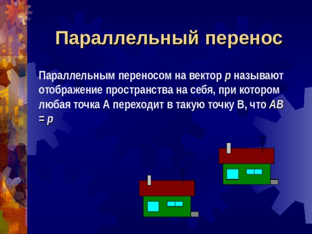 Параллельный перенос Параллельным переносом на вектор р называют отображение пространства на себя, при котором любая точка А переходит в такую точку В, что АВ = р 