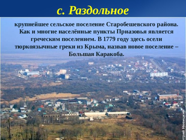с. Раздольное  крупнейшее сельское поселение Старобешевского района. Как и многие населённые пункты Приазовья является греческим поселением.  В 1779 году здесь осели тюркоязычные греки из Крыма, назвав новое поселение – Большая Каракоба.   