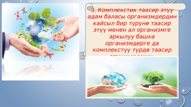 3. Комплекстик таасир этүү адам баласы организмдердин кайсыл бир түрүнө таасир этүү менен ал организмге аркылуу башка организмдерге да комплекстүү түрдө таасир этиши мүмкүн. 