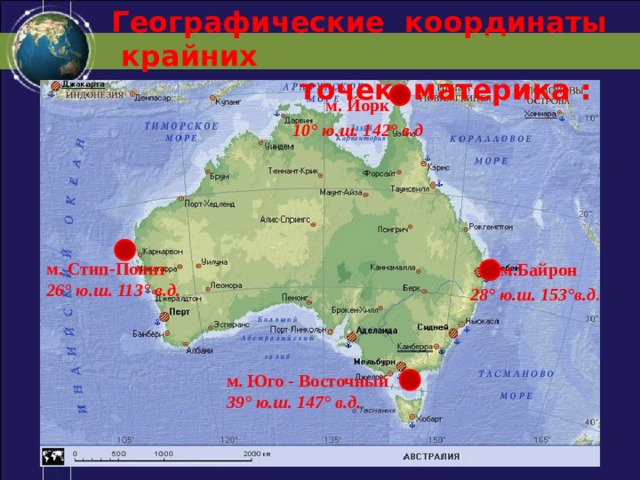 Географические координаты крайних  точек материка : м. Йорк 10° ю.ш. 142° в.д  м. Стип-Поинт 26° ю.ш. 113° в.д.  м.Байрон 28° ю.ш. 153°в.д .  м. Юго - Восточный 39° ю.ш. 147° в.д.  