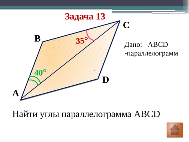 35 ° Задача 13 C B Дано: ABCD -параллелограмм 40 ° D A Найти углы параллелограмма ABCD 