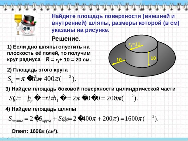 Найдите площадь поверхности (внешней и внутренней) шляпы, размеры которой (в см) указаны на рисунке. Решение. r 1 =10 1) Если дно шляпы опустить на плоскость её полей, то получим круг радиуса R  = r 1 +  10 = 20 c м. 10 10 2) Площадь этого круга 3) Найдем площадь боковой поверхности цилиндрической части 4) Найдем площадь шляпы Ответ: 1600  ( см 2 ). 