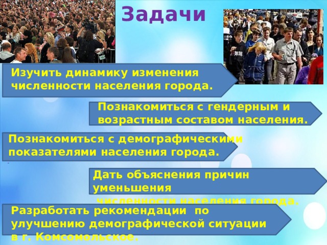 Задачи - - Изучить динамику изменения численности населения города. Познакомиться с гендерным и возрастным составом населения. Познакомиться с демографическими показателями населения города. Дать объяснения причин уменьшения  численности населения города. Разработать рекомендации по улучшению демографической ситуации в г. Комсомольское. 