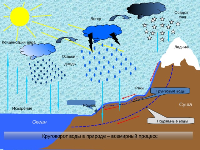 Осадки – снег Ветер Конденсация пара Ледники Осадки – дождь Реки Грунтовые воды Суша Родник Испарение Подземные воды Океан  Круговорот воды в природе – всемирный процесс 