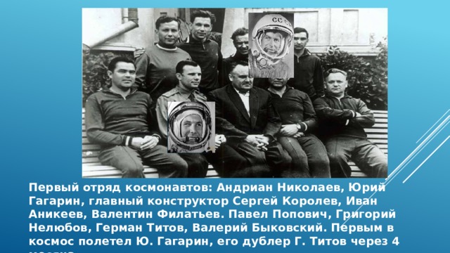 Первый отряд космонавтов: Андриан Николаев, Юрий Гагарин, главный конструктор Сергей Королев, Иван Аникеев, Валентин Филатьев. Павел Попович, Григорий Нелюбов, Герман Титов, Валерий Быковский. Первым в космос полетел Ю. Гагарин, его дублер Г. Титов через 4 месяца. 