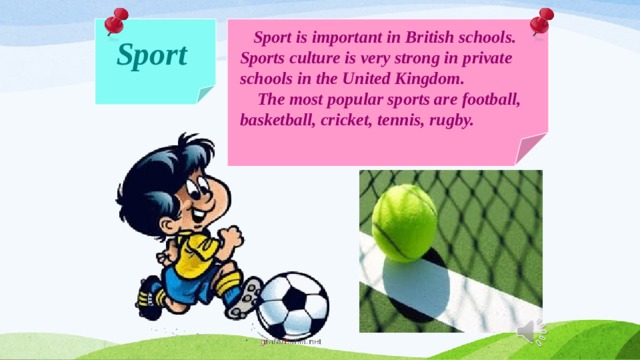  Sport  Sport is important in British schools. Sports culture is very strong in private schools in the United Kingdom.  The most popular sports are football, basketball, cricket, tennis, rugby. 