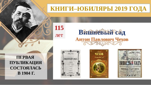 КНИГИ–ЮБИЛЯРЫ 2019 ГОДА 115 лет Вишневый сад Антон Павлович Чехов ПЕРВАЯ ПУБЛИКАЦИЯ СОСТОЯЛАСЬ  В 1904 Г. 15 