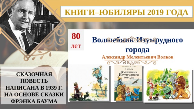 КНИГИ–ЮБИЛЯРЫ 2019 ГОДА 80 лет Волшебник Изумрудного города Александр Мелентьевич Волков СКАЗОЧНАЯ ПОВЕСТЬ НАПИСАНА В 1939 Г. НА ОСНОВЕ СКАЗКИ ФРЭНКА БАУМА  