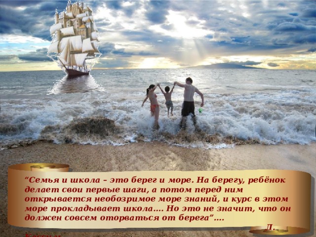 “ Семья и школа – это берег и море. На берегу, ребёнок делает свои первые шаги, а потом перед ним открывается необозримое море знаний, и курс в этом море прокладывает школа…. Но это не значит, что он должен совсем оторваться от берега”….  Л. Кассиль 