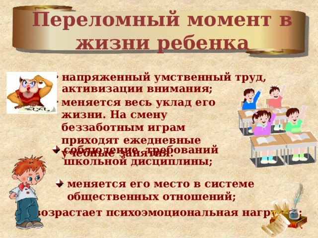 Переломный момент в жизни ребенка напряженный умственный труд, активизации внимания;  меняется весь уклад его жизни. На смену беззаботным играм приходят ежедневные учебные занятия. соблюдение требований школьной дисциплины; меняется его место в системе общественных отношений; возрастает психоэмоциональная нагрузка; 