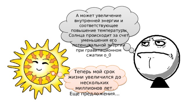 А может увеличение внутренней энергии и соответствующее повышение температуры Солнца происходит за счет уменьшения его потенциальной энергии при гравитационном сжатии о_0 Теперь мой срок жизни увеличился до нескольких миллионов лет. Еще предложения… 