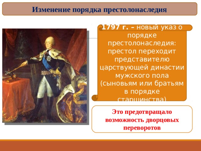 Изменение порядка престолонаследия 1797 г. – новый указ о порядке престолонаследия: престол переходит представителю царствующей династии мужского пола (сыновьям или братьям в порядке старшинства) Это предотвращало возможность дворцовых переворотов 