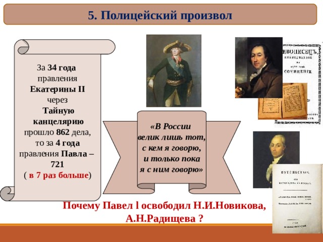 5. Полицейский произвол За 34 года правления Екатерины II через  Тайную  канцелярию прошло 862 дела,  то за 4 года правления Павла – 721 ( в 7 раз больше ) «В России велик лишь тот, с кем я говорю, и только пока я с ним говорю» Почему Павел l освободил Н.И.Новикова, А.Н.Радищева ? 16 