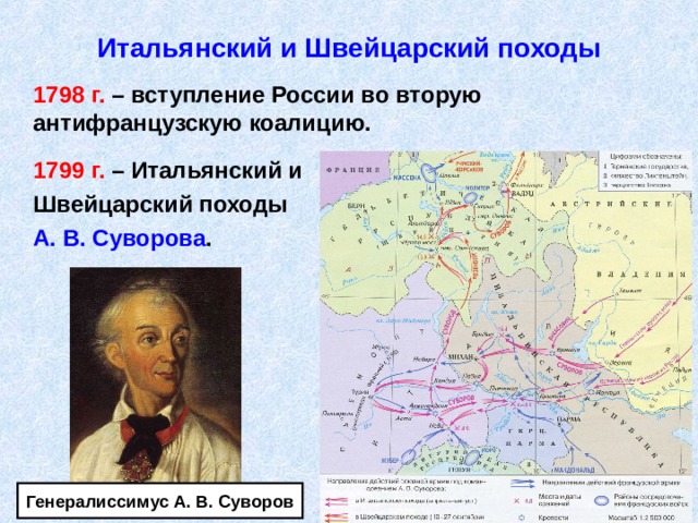 Итальянский и Швейцарский походы  1798 г. – вступление России во вторую антифранцузскую коалицию.   1799 г. – Итальянский и  Швейцарский походы  А. В. Суворова . Генералиссимус А. В. Суворов 