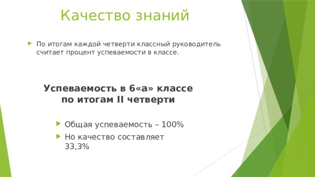Качество знаний По итогам каждой четверти классный руководитель считает процент успеваемости в классе. Успеваемость в 6«а» классе  по итогам II четверти Общая успеваемость – 100% Но качество составляет 33,3% 