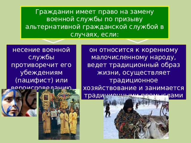 Гражданин имеет право на замену военной службы по призыву альтернативной гражданской службой в случаях, если: несение военной службы противоречит его убеждениям (пацифист) или вероисповеданию он относится к коренному малочисленному народу, ведет традиционный образ жизни, осуществляет традиционное хозяйствование и занимается традиционными промыслами 