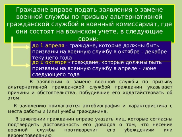 Граждане вправе подать заявления о замене военной службы по призыву альтернативной гражданской службой в военный комиссариат, где они состоят на воинском учете, в следующие сроки: до 1 апреля - граждане, которые должны быть призваны на военную службу в октябре - декабре текущего года до 1 октября - граждане, которые должны быть призваны на военную службу в апреле - июне следующего года  В заявлении о замене военной службы по призыву альтернативной гражданской службой гражданин указывает причины и обстоятельства, побудившие его ходатайствовать об этом.      К заявлению прилагаются автобиография и характеристика с места работы и (или) учебы гражданина.       В заявлении гражданин вправе указать лиц, которые согласны подтвердить достоверность его доводов о том, что несение военной службы противоречит его убеждениям или вероисповеданию. 