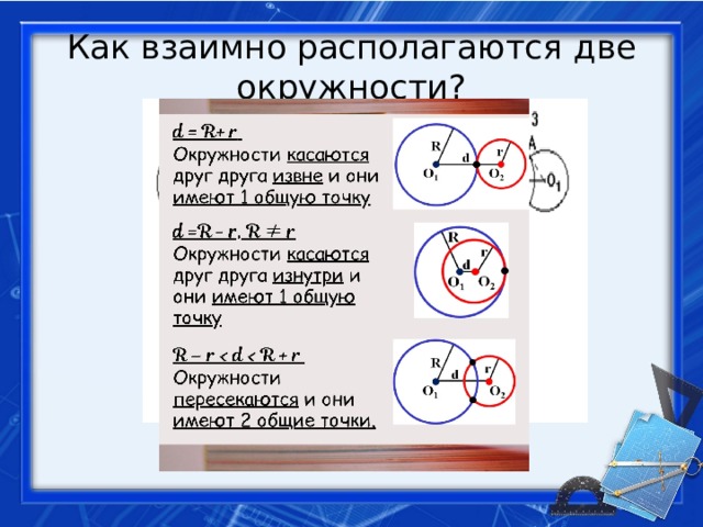 Как взаимно располагаются две окружности? 