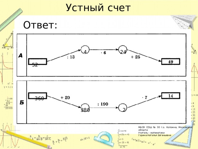 Устный счет Ответ: 24 4 52 360 2 380 МБОУ СОШ № 30 г.о. Коломна, Московской области Учитель – математики Горина Наталья Евгеньевна 
