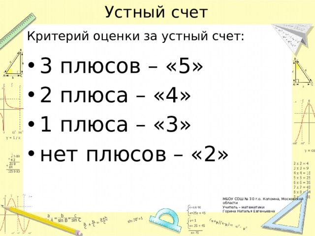 Устный счет Критерий оценки за устный счет: 3 плюсов – «5» 2 плюса – «4» 1 плюса – «3» нет плюсов – «2» МБОУ СОШ № 30 г.о. Коломна, Московской области Учитель – математики Горина Наталья Евгеньевна 
