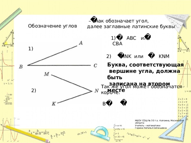 – знак обозначает угол, далее заглавные латинские буквы Обозначение углов 1) АВС или СВА 1) 2) MNK или KNM Буква, соответствующая  вершине угла, должна быть  записана на втором месте Так же угол может обозначатся короче:  В N 2) МБОУ СОШ № 30 г.о. Коломна, Московской области Учитель – математики Горина Наталья Евгеньевна 