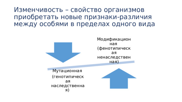 Изменчивость – свойство организмов приобретать новые признаки-различия между особями в пределах одного вида Модификационная (фенотипическая ненаследственная) Мутационная (генотипическая наследственная) 