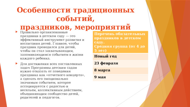 Особенности традиционных событий,  праздников, мероприятий Правильно организованные праздники в детском саду — это эффективный инструмент развития и воспитания детей. Главное, чтобы праздник проводился для детей, чтобы он стал захватывающим, запоминающимся событием в жизни каждого ребенка. Для достижения всех поставленных задач Программы детским садам нужно отказать от поведения праздника как «отчетного концерта», а сделать его эмоционально значимым событием, которое ассоциируется с радостью и весельем, коллективным действием, объединяющим сообщество детей, родителей и педагогов. Перечень обязательных праздников в детском саду. Средняя группа (от 4 до 5 лет) Новый год 23 февраля 8 марта 9 мая 