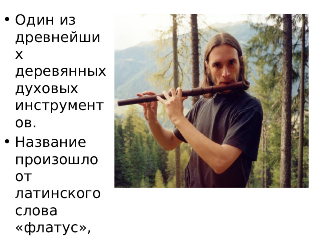 Один из древнейших деревянных духовых инструментов. Название произошло от латинского слова «флатус», что значит дуновение. 