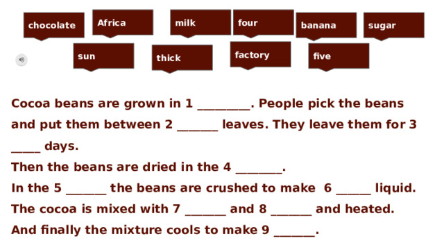 Africa four milk chocolate banana sugar factory sun five thick Cocoa beans are grown in 1 _________. People pick the beans and put them between 2 _______ leaves. They leave them for 3 _____ days. Then the beans are dried in the 4 ________. In the 5 _______ the beans are crushed to make 6 ______ liquid. The cocoa is mixed with 7 _______ and 8 _______ and heated. And finally the mixture cools to make 9 _______.  