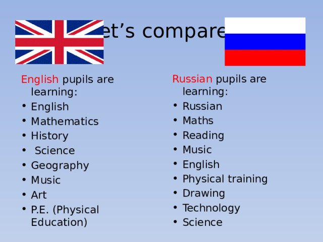  Let’s compare. English pupils are learning: Russian pupils are learning: English Mathematics History  Science Geography Music Art P.E. (Physical Education) Russian Maths Reading Music English Physical training Drawing Technology Science 