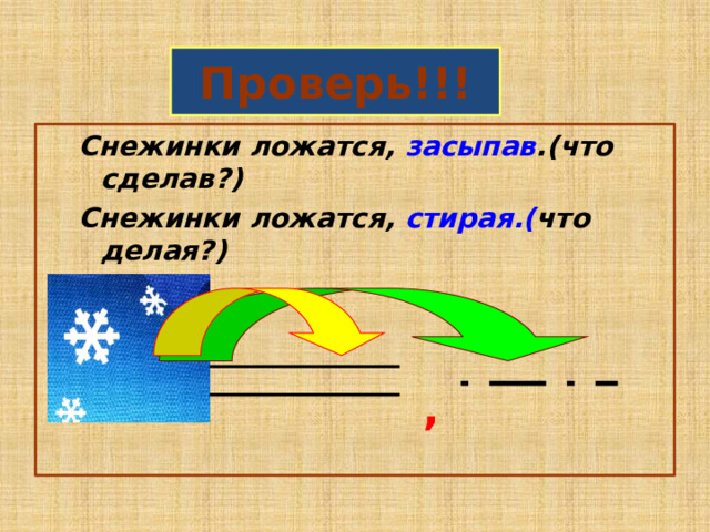 Проверь!!! Снежинки ложатся, засыпав .(что сделав?) Снежинки ложатся, стирая.( что делая?)  , 