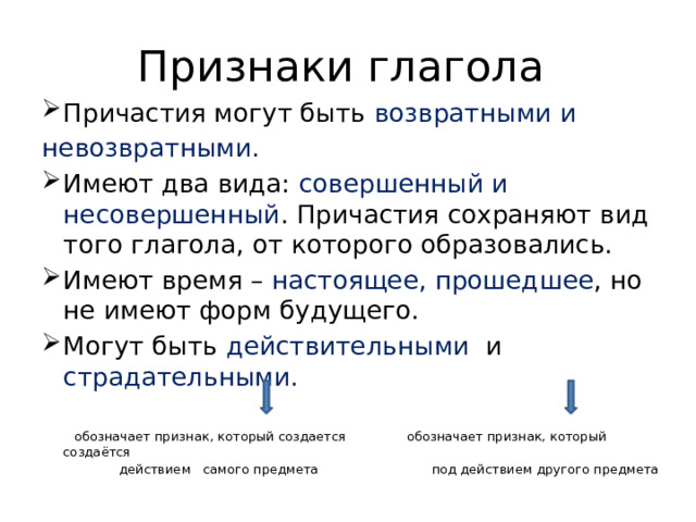 Признаки глагола Причастия могут быть возвратными и невозвратными. Имеют два вида: совершенный и несовершенный . Причастия сохраняют вид того глагола, от которого образовались. Имеют время – настоящее, прошедшее , но не имеют форм будущего. Могут быть действительными и страдательными.  обозначает признак, который создается обозначает признак, который создаётся  действием самого предмета под действием другого предмета 