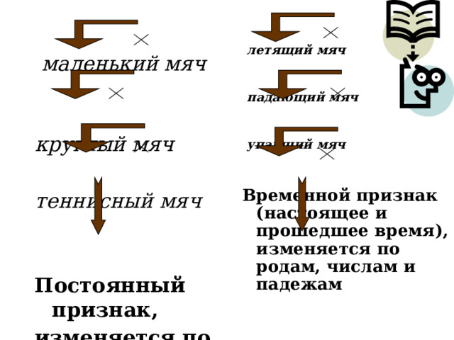   маленький мяч круглый мяч  теннисный мяч  Постоянный признак, изменяется по родам, числам и падежам   летящий мяч    падающий мяч    упавший мяч  Временной признак (настоящее и прошедшее время), изменяется по родам, числам и падежам 