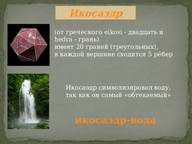 Икосаэдр (от греческого eikosi - двадцать и hedra - грань) имеет 20 граней (треугольных), в каждой вершине сходится 5 рёбер Икосаэдр символизировал воду, так как он самый «обтекаемый»  икосаэдр-вода 
