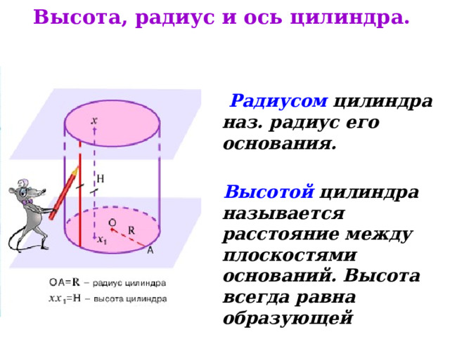 Высота, радиус и ось цилиндра.  Радиусом цилиндра наз. радиус его основания.   Высотой цилиндра называется расстояние между плоскостями оснований. Высота всегда равна образующей 