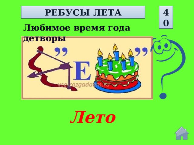 РЕБУСЫ ЛЕТА 40 Любимое время года детворы Лето  
