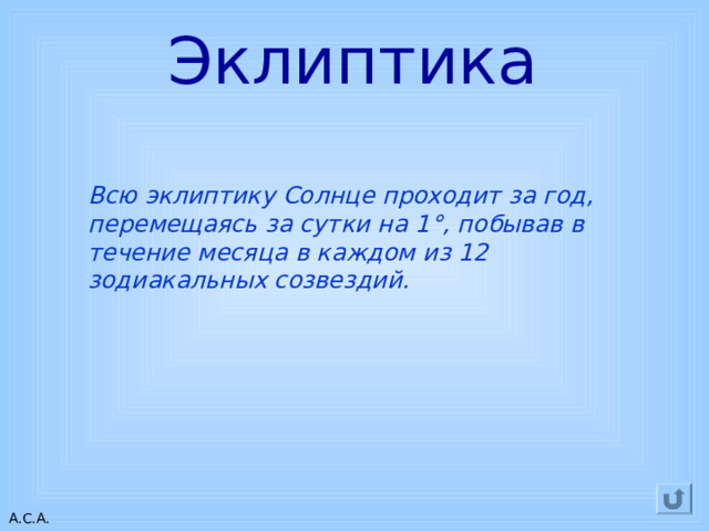 Эклиптика Всю эклиптику Солнце проходит за год, перемещаясь за сутки на 1 ° , побывав в течение месяца в каждом из 12 зодиакальных созвездий. 