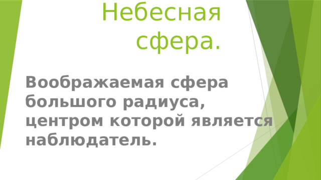 Небесная сфера. Воображаемая сфера большого радиуса, центром которой является наблюдатель. 