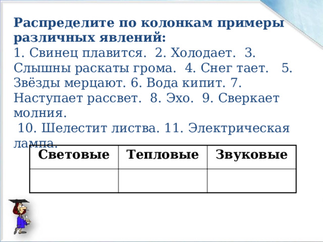 Распределите по колонкам примеры различных явлений:  1. Свинец плавится. 2. Холодает. 3. Слышны раскаты грома. 4. Снег тает. 5. Звёзды мерцают. 6. Вода кипит. 7. Наступает рассвет. 8. Эхо. 9. Сверкает молния.  10. Шелестит листва. 11. Электрическая лампа.   Световые Тепловые Звуковые 