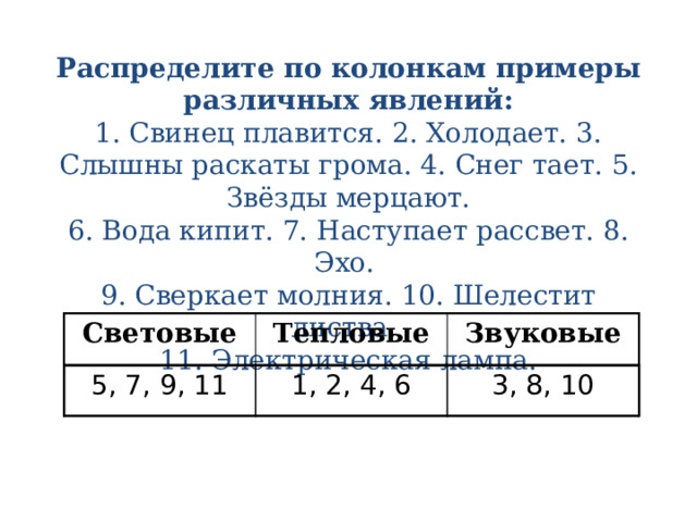 Распределите по колонкам примеры различных явлений:  1. Свинец плавится. 2. Холодает. 3. Слышны раскаты грома. 4. Снег тает. 5. Звёзды мерцают. 6. Вода кипит. 7. Наступает рассвет. 8. Эхо. 9. Сверкает молния. 10. Шелестит листва. 11. Электрическая лампа.   Световые Тепловые Звуковые 5, 7, 9, 11 1, 2, 4, 6 3, 8, 10 
