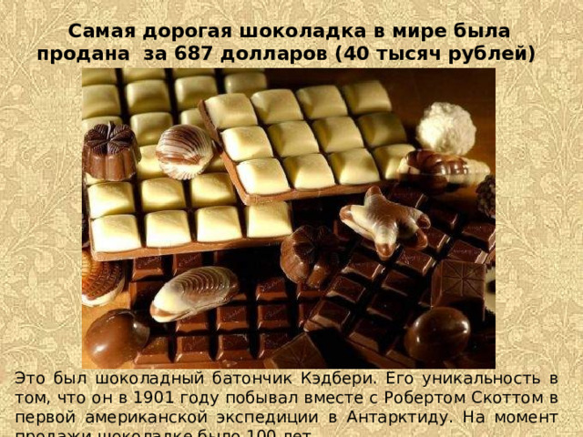 Самая дорогая шоколадка в мире была продана за 687 долларов (40 тысяч рублей)        Это был шоколадный батончик Кэдбери. Его уникальность в том, что он в 1901 году побывал вместе с Робертом Скоттом в первой американской экспедиции в Антарктиду. На момент продажи шоколадке было 100 лет.  