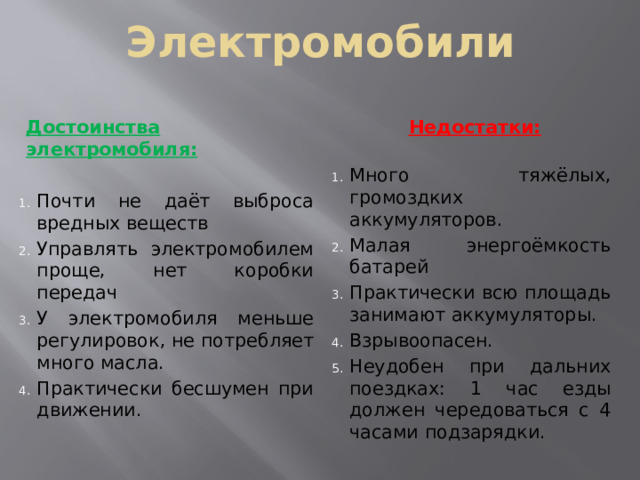 Электромобили Достоинства электромобиля: Недостатки:     Почти не даёт выброса вредных веществ Управлять электромобилем проще, нет коробки передач У электромобиля меньше регулировок, не потребляет много масла. Практически бесшумен при движении. Много тяжёлых, громоздких аккумуляторов. Малая энергоёмкость батарей Практически всю площадь занимают аккумуляторы. Взрывоопасен. Неудобен при дальних поездках: 1 час езды должен чередоваться с 4 часами подзарядки. 
