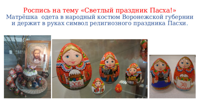 Роспись на тему «Светлый праздник Пасха!»  Матрёшка одета в народный костюм Воронежской губернии и держит в руках символ религиозного праздника Пасхи . 
