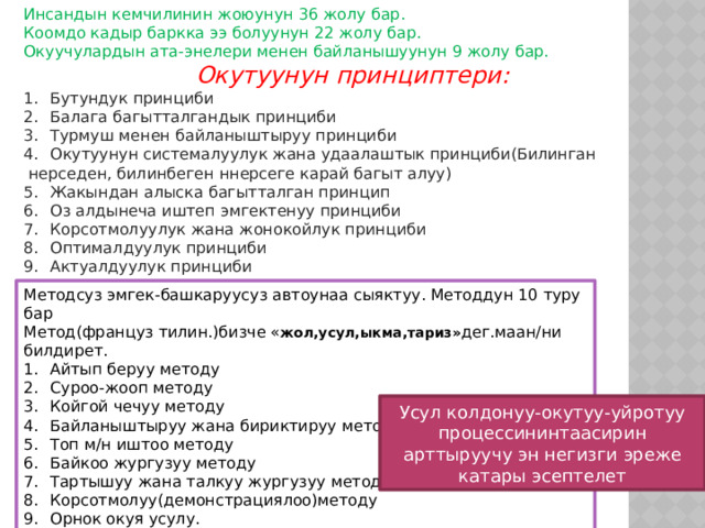 Инсандын кемчилинин жоюунун 36 жолу бар. Коомдо кадыр баркка ээ болуунун 22 жолу бар. Окуучулардын ата-энелери менен байланышуунун 9 жолу бар. Окутуунун принциптери: Бутундук принциби Балага багытталгандык принциби Турмуш менен байланыштыруу принциби Окутуунун системалуулук жана удаалаштык принциби(Билинган  нерседен, билинбеген ннерсеге карай багыт алуу) Жакындан алыска багытталган принцип Оз алдынеча иштеп эмгектенуу принциби Корсотмолуулук жана жонокойлук принциби Оптималдуулук принциби Актуалдуулук принциби Методсуз эмгек-башкаруусуз автоунаа сыяктуу. Методдун 10 туру бар Метод(француз тилин.)бизче « жол,усул,ыкма,тариз» дег.маан/ни билдирет. Айтып беруу методу Суроо-жооп методу Койгой чечуу методу Байланыштыруу жана бириктируу методу Топ м/н иштоо методу Байкоо жургузуу методу Тартышуу жана талкуу жургузуу методу Корсотмолуу(демонстрациялоо)методу Орнок окуя усулу. Практикалык усул Усул колдонуу-окутуу-уйротуу процессининтаасирин арттыруучу эн негизги эреже катары эсептелет 